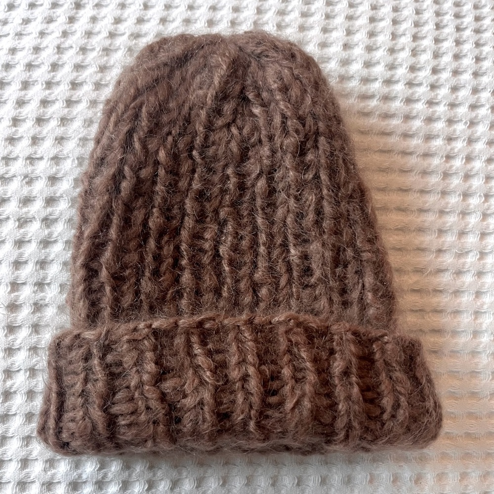 Hand Knit Mocha Mohair Ribbed Beanie